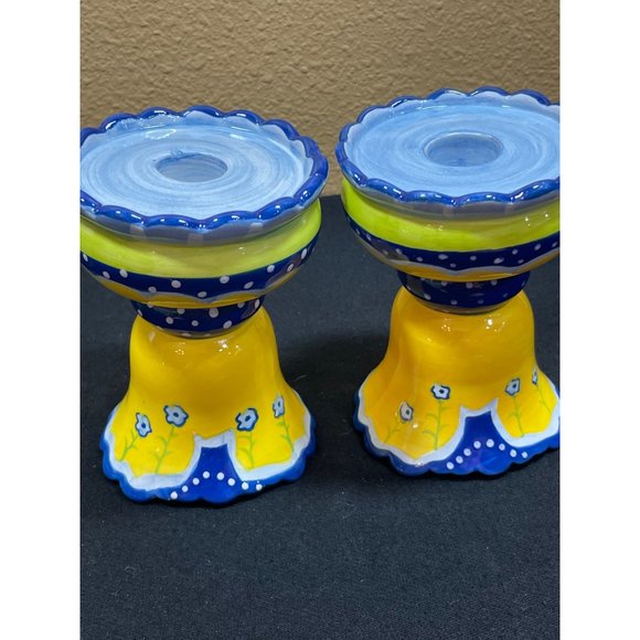 Cupcakes & Cartwheels Kimberly Hodges Blue Yellow Candlestick Set Of 2 - Picture 8 of 11